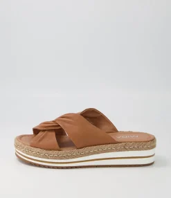 Cheap Action Dark Tan Leather Slides Women Sandals