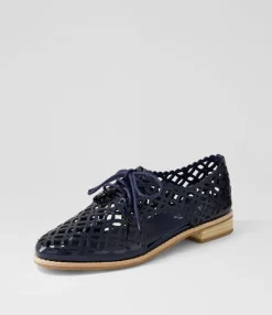 Cheap Addys Navy Patent Leather Lace Up Flats Women Flats