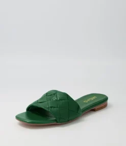 Cheap Allday Bright Green Leather Slides Women Flats