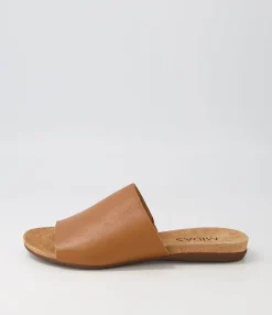 Cheap Berta Dark Tan Leather Slides Women Flats