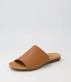 Cheap Berta Dark Tan Leather Slides Women Flats