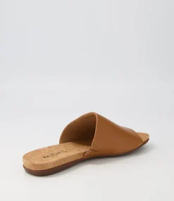 Cheap Berta Dark Tan Leather Slides Women Flats