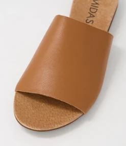 Cheap Berta Dark Tan Leather Slides Women Flats