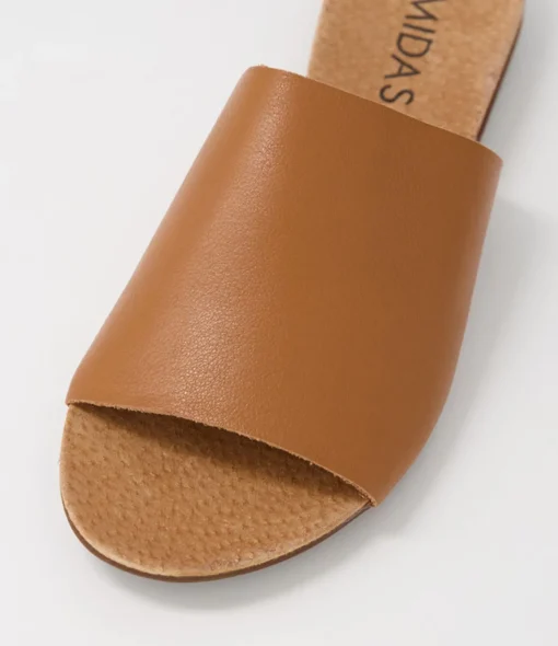 Cheap Berta Dark Tan Leather Slides Women Flats