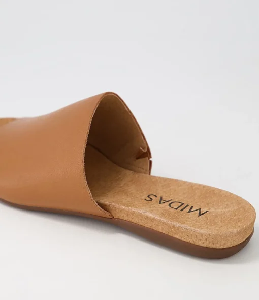 Cheap Berta Dark Tan Leather Slides Women Flats