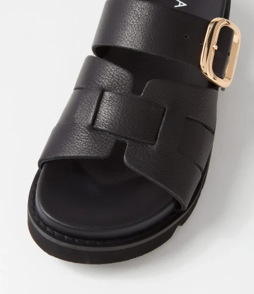 New Cajali Black Leather Slides Women Slides