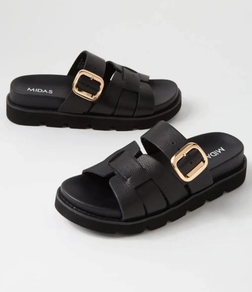 New Cajali Black Leather Slides Women Slides