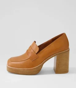 Hot Danille Cognac Leather Heels Women Loafers