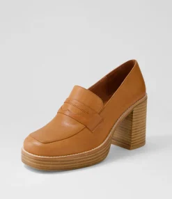 Hot Danille Cognac Leather Heels Women Loafers