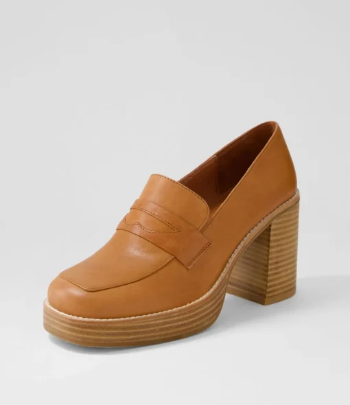 Hot Danille Cognac Leather Heels Women Loafers