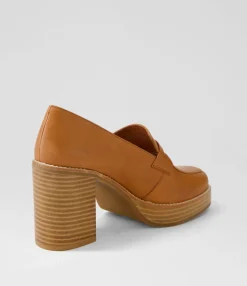 Hot Danille Cognac Leather Heels Women Loafers