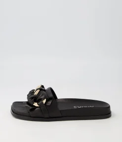 Best Daquiri Black Leather Slides Women Flats