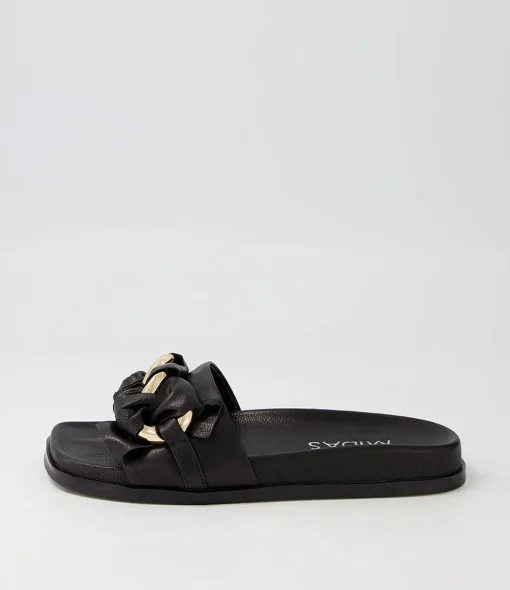 Best Daquiri Black Leather Slides Women Flats