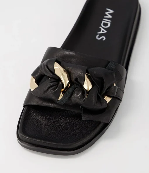 Best Daquiri Black Leather Slides Women Flats