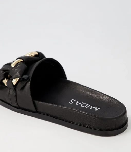 Best Daquiri Black Leather Slides Women Flats