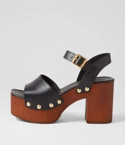 Hot Eliy Black Leather Sandals Women Heels