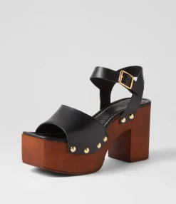Hot Eliy Black Leather Sandals Women Heels