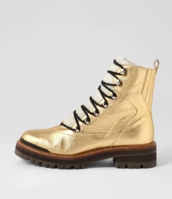 Cheap Fischer Gold Black Tumble Leather Lace Up Boots Women Ankle Boots