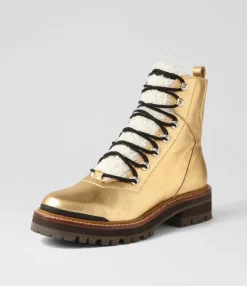 Cheap Fischer Gold Black Tumble Leather Lace Up Boots Women Ankle Boots