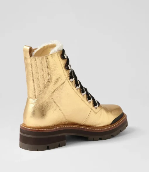Cheap Fischer Gold Black Tumble Leather Lace Up Boots Women Ankle Boots