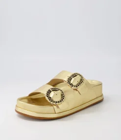 Cheap Gallie Old Gold Leather Slides Women Sandals
