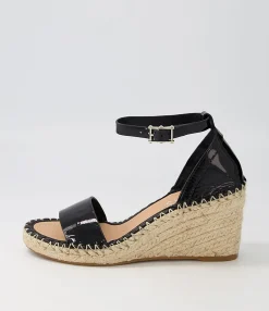 Store Gigo Black Patent Leather Espadrilles Women Wedges