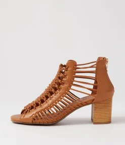 Cheap Glennora Dark Tan Leather Sandals Women Heels