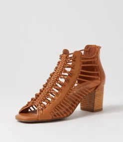 Cheap Glennora Dark Tan Leather Sandals Women Heels