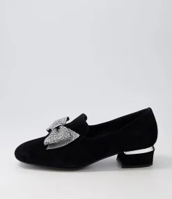 Cheap Grenna Black Silver Suede Jewels Heels Women Loafers