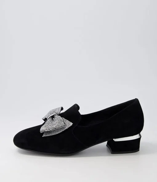 Cheap Grenna Black Silver Suede Jewels Heels Women Loafers