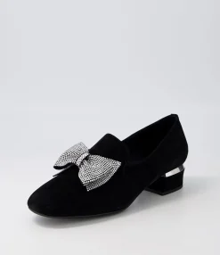Cheap Grenna Black Silver Suede Jewels Heels Women Loafers