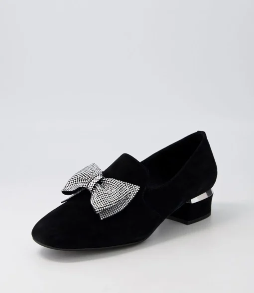 Cheap Grenna Black Silver Suede Jewels Heels Women Loafers