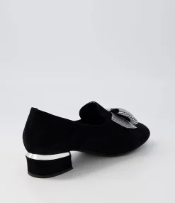 Cheap Grenna Black Silver Suede Jewels Heels Women Loafers