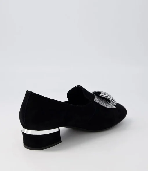 Cheap Grenna Black Silver Suede Jewels Heels Women Loafers