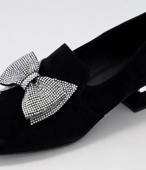 Cheap Grenna Black Silver Suede Jewels Heels Women Loafers