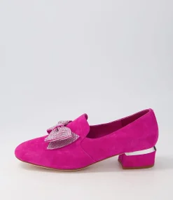 Hot Grenna Fuchsia Silver Suede Jewels Heels Women Loafers