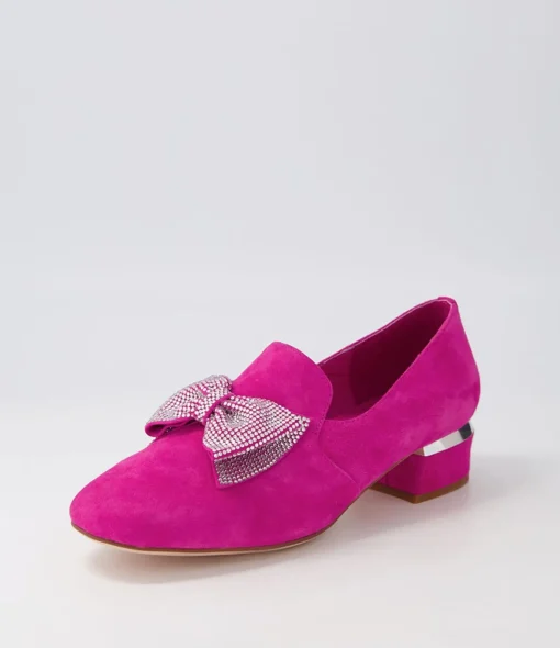 Hot Grenna Fuchsia Silver Suede Jewels Heels Women Loafers