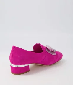 Hot Grenna Fuchsia Silver Suede Jewels Heels Women Loafers