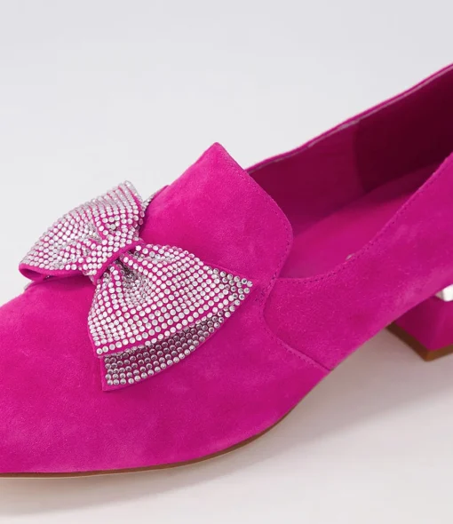 Hot Grenna Fuchsia Silver Suede Jewels Heels Women Loafers
