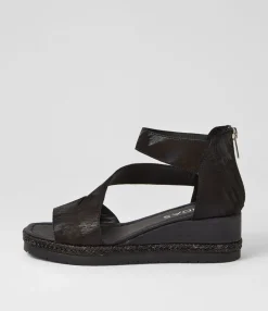 Clearance Iddy Black Metallic Scratch Leather Sandals Women Wedges