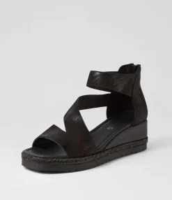 Clearance Iddy Black Metallic Scratch Leather Sandals Women Wedges