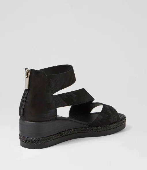 Clearance Iddy Black Metallic Scratch Leather Sandals Women Wedges