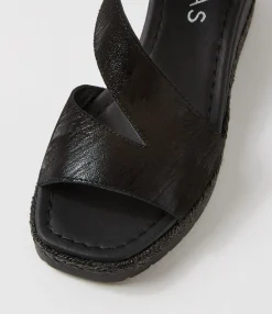 Clearance Iddy Black Metallic Scratch Leather Sandals Women Wedges