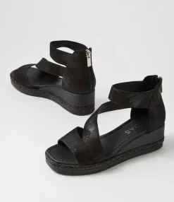 Clearance Iddy Black Metallic Scratch Leather Sandals Women Wedges