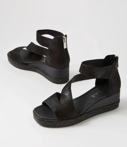 Clearance Iddy Black Metallic Scratch Leather Sandals Women Wedges