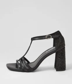 Flash Sale Mid Black Jewels Leather Sandals Women Heels