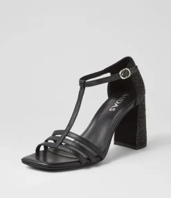 Flash Sale Mid Black Jewels Leather Sandals Women Heels