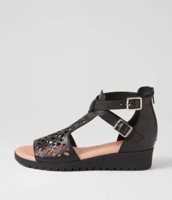Best Sale Milos Black Leather Sandals Women Flats
