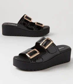 Cheap Oxen Black Patent Leather Slides Women Slides