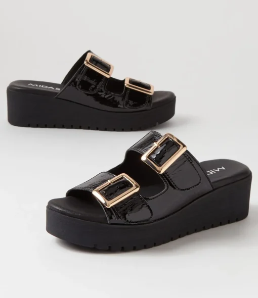 Cheap Oxen Black Patent Leather Slides Women Slides